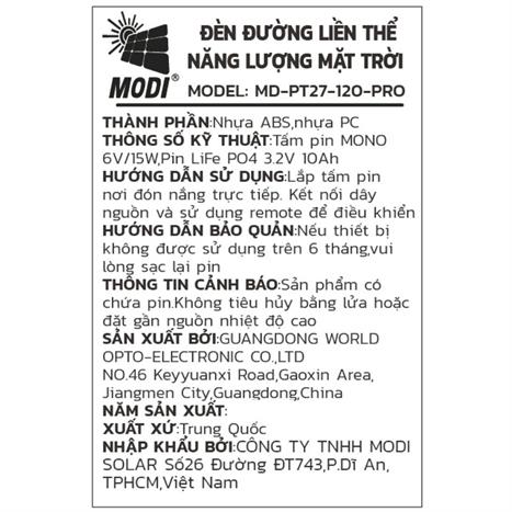 Đèn pha năng lượng mặt trời Modi MD-PT27-120-PRO Màu Đen