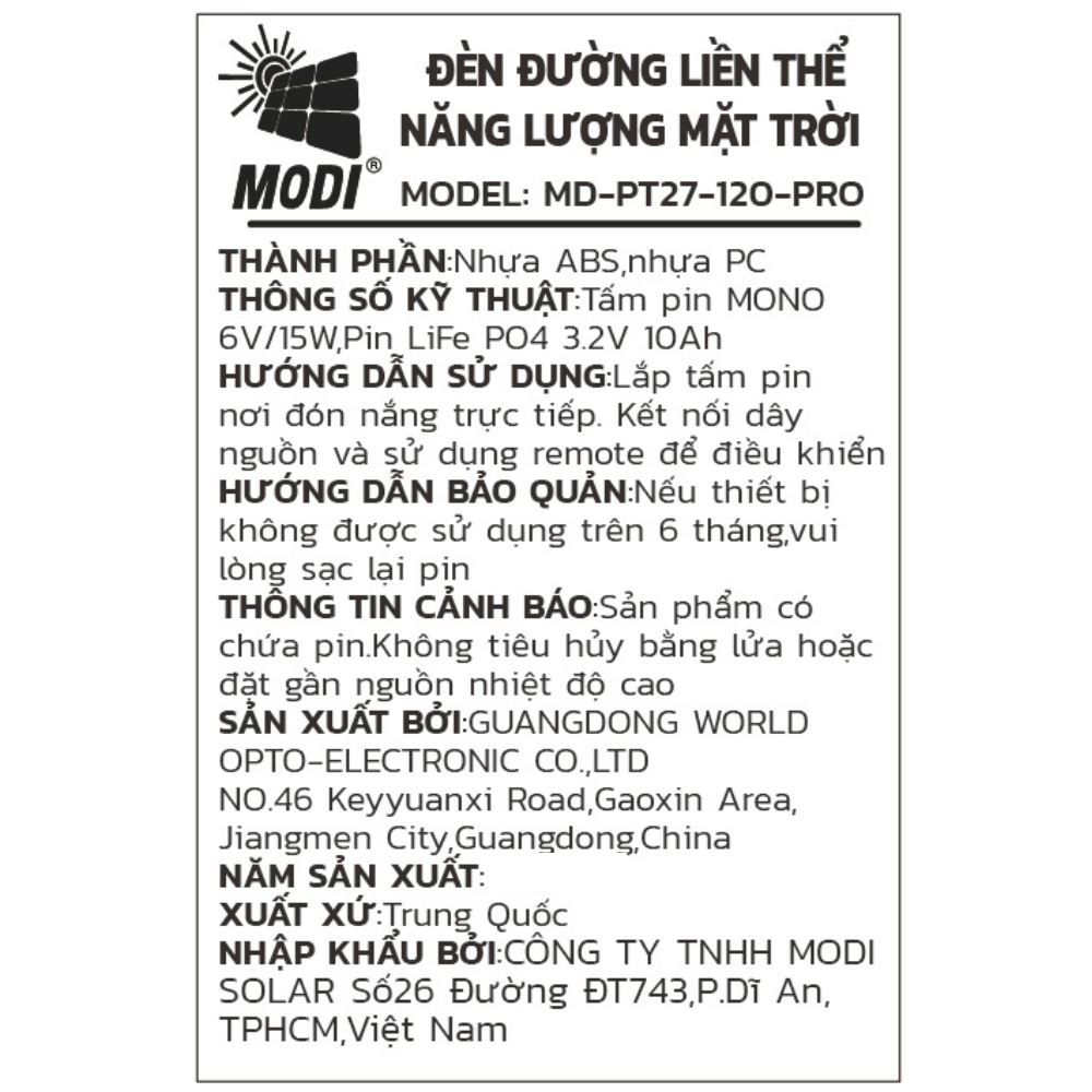Đèn pha năng lượng mặt trời Modi MD-PT27-120-PRO Màu Đen