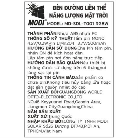 Đèn bàn năng lượng mặt trời Modi MD-SDL-T001 RGBW Màu Trắng