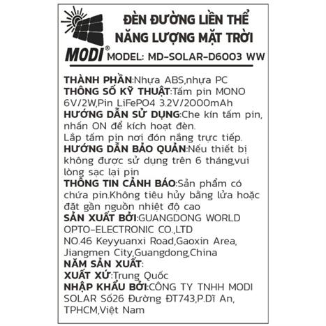 Đèn năng lượng mặt trời đa năng Modi MD-SOLAR-D6003 WW Màu Đen