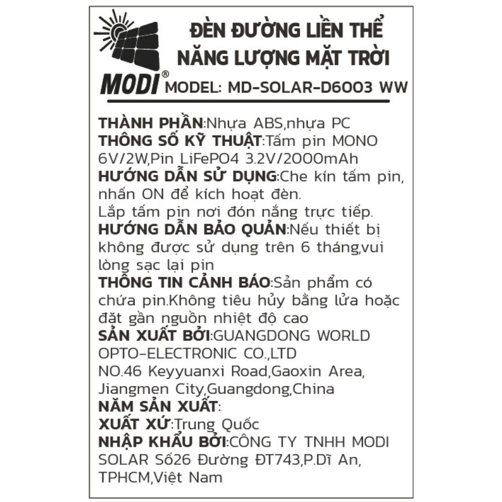 Đèn năng lượng mặt trời đa năng Modi MD-SOLAR-D6003 WW Màu Đen