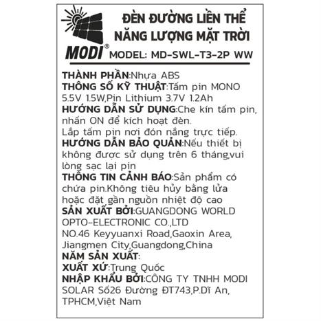 Đèn an ninh chống trộm năng lượng mặt trời Modi MD-SOLAR-W7003 WH Màu Đen