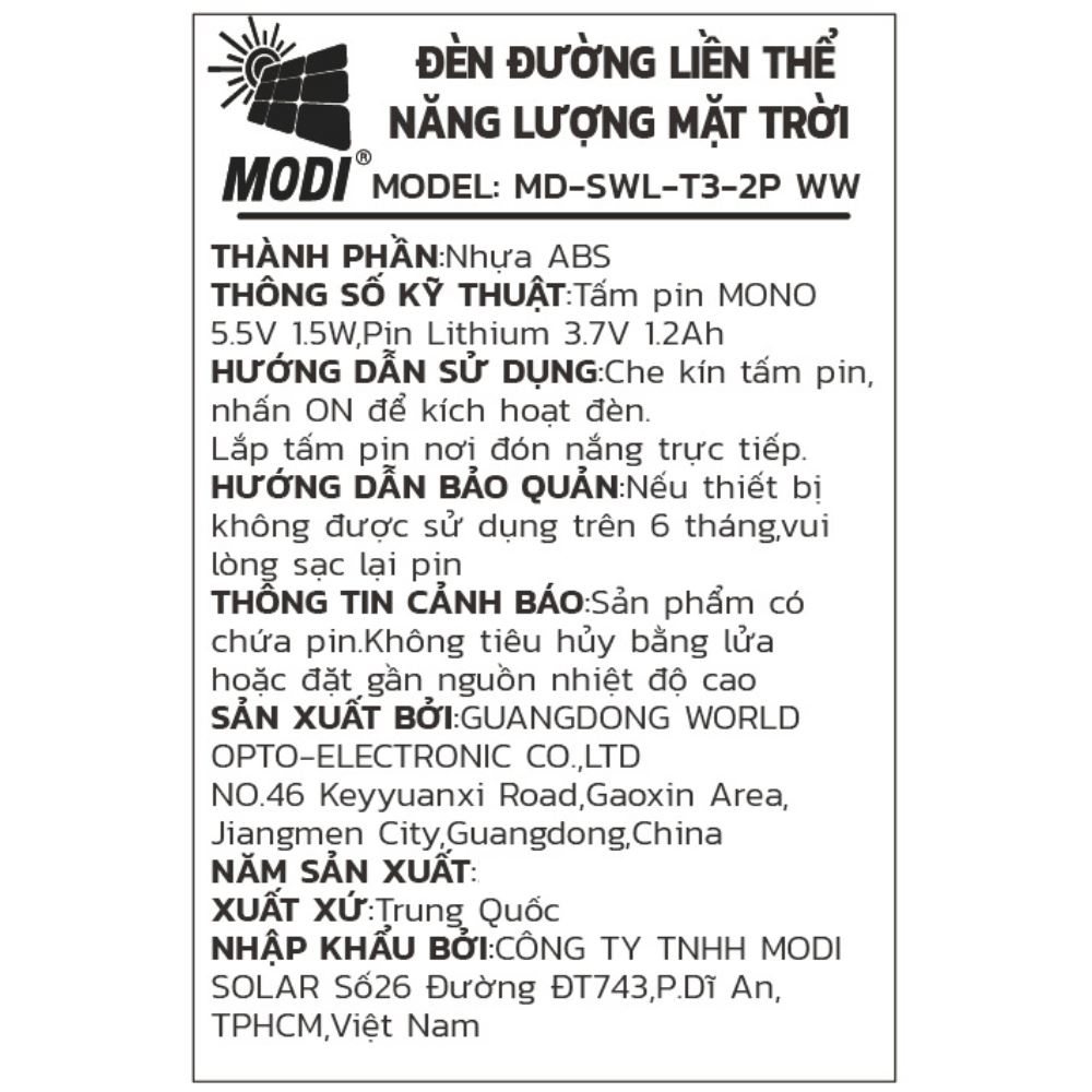 Đèn an ninh chống trộm năng lượng mặt trời Modi MD-SOLAR-W7003 WH Màu Đen