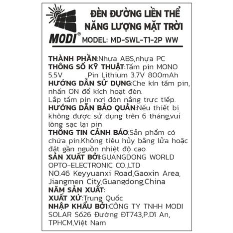 Đèn hắt tường năng lượng mặt trời Modi MD-SWL-T1-2P WW Màu Đen