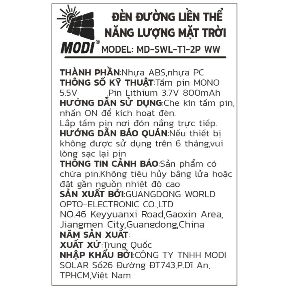Đèn hắt tường năng lượng mặt trời Modi MD-SWL-T1-2P WW Màu Đen