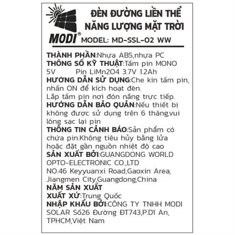Đèn năng lượng mặt trời đa năng Modi MD-SSL-02 WW Màu Đen