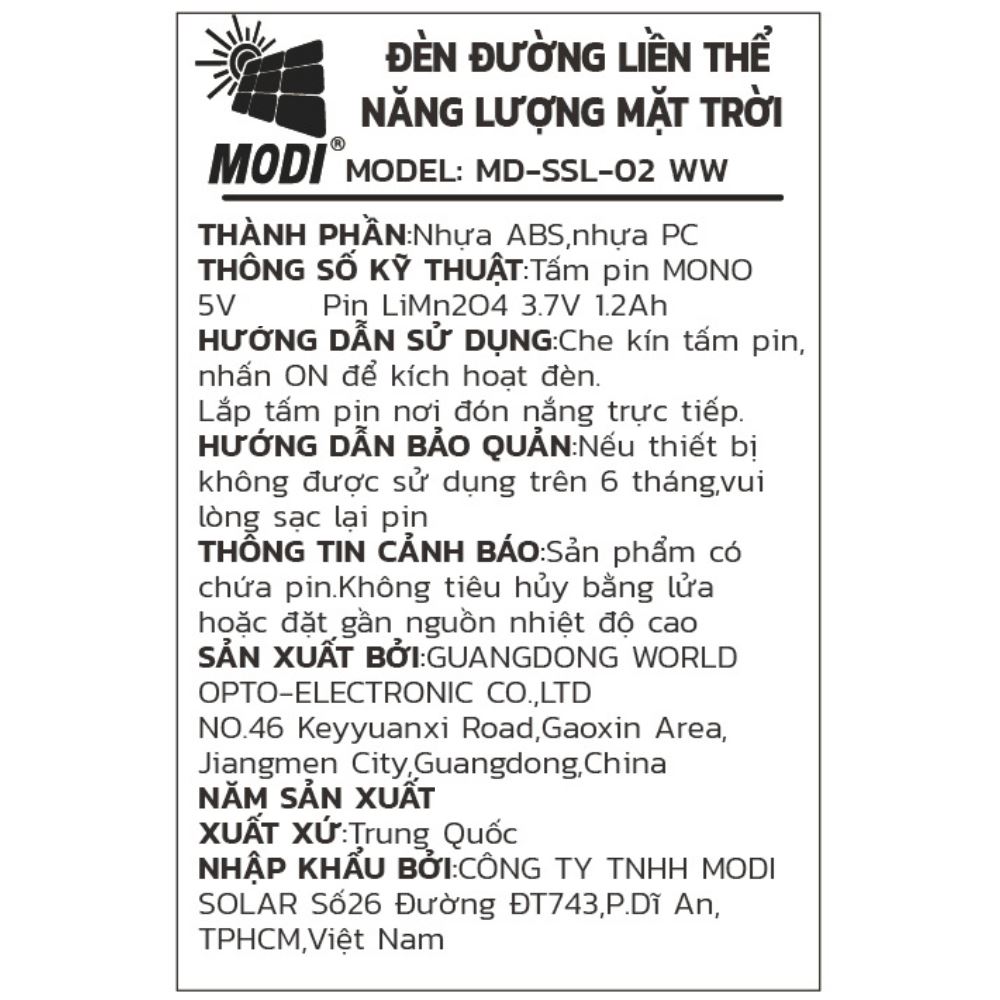 Đèn năng lượng mặt trời đa năng Modi MD-SSL-02 WW Màu Đen