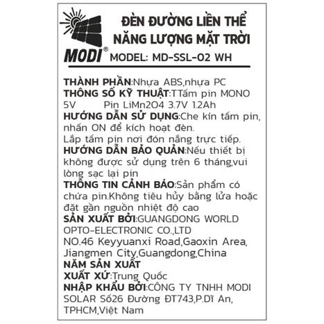 Đèn năng lượng mặt trời đa năng Modi MD-SSL-02 WH Màu Đen