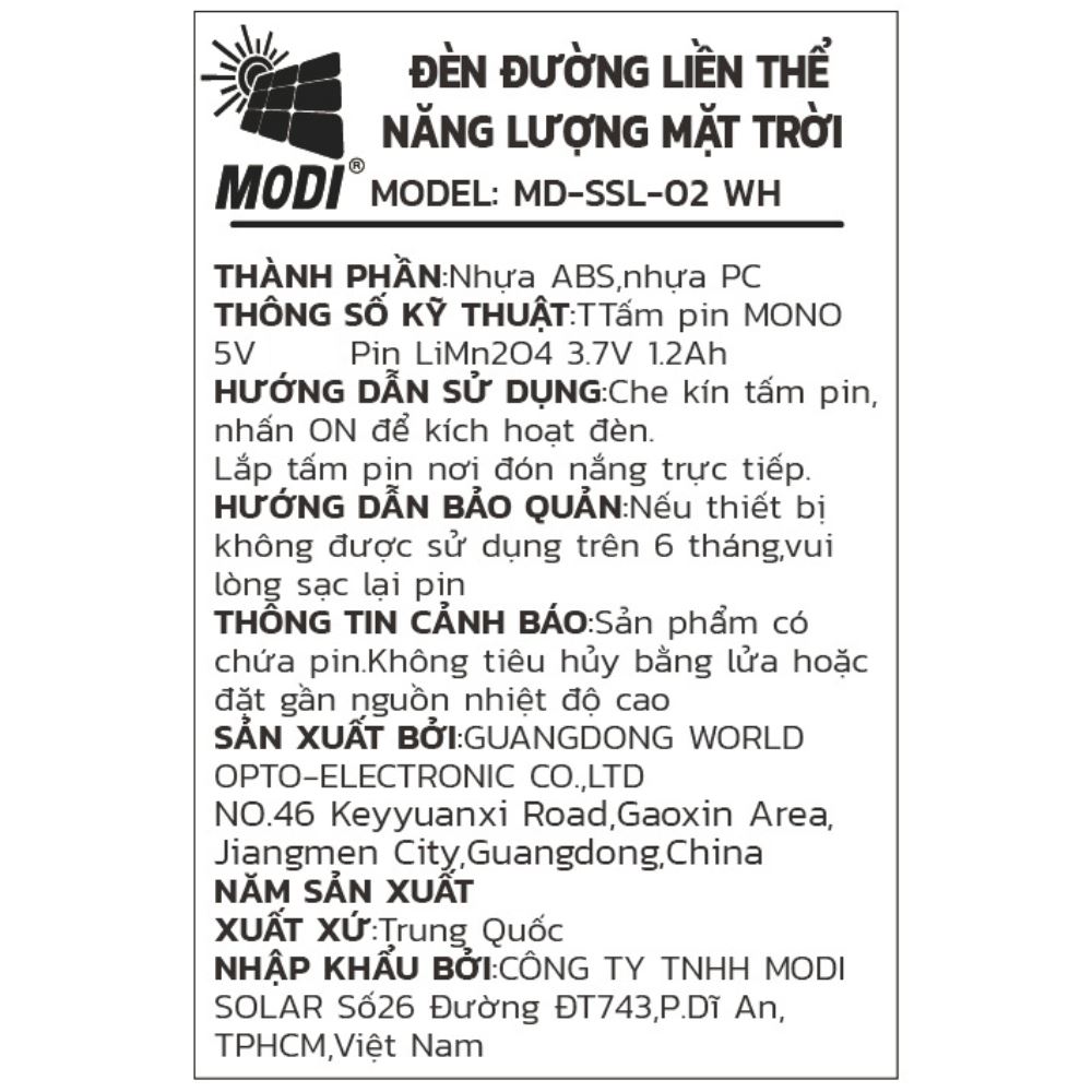 Đèn năng lượng mặt trời đa năng Modi MD-SSL-02 WH Màu Đen