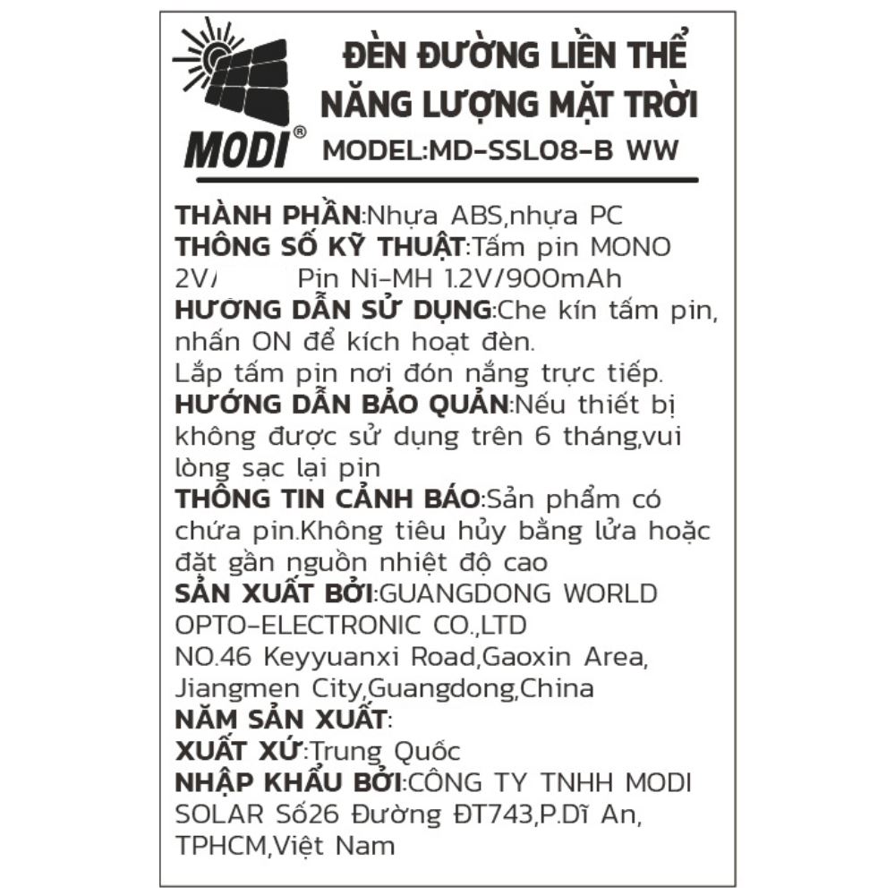 Đèn cắm cỏ năng lượng mặt trời Modi MD-SSL08-B WW Màu Đen