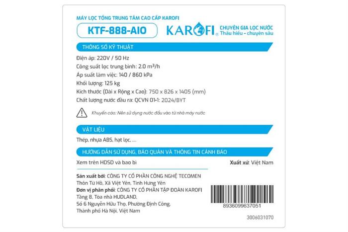 Máy lọc tổng đầu nguồn Karofi KTF-888-AIO Màu Trắng