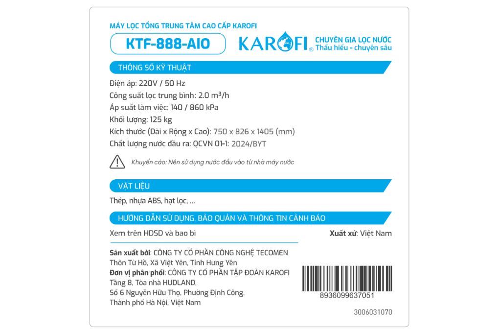Máy lọc tổng đầu nguồn Karofi KTF-888-AIO Màu Trắng