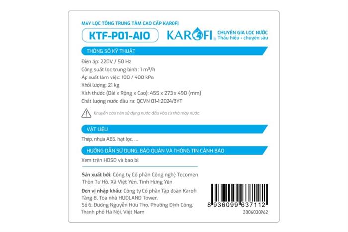 Máy lọc tổng đầu nguồn Karofi KTF-P01-AIO Màu Đen