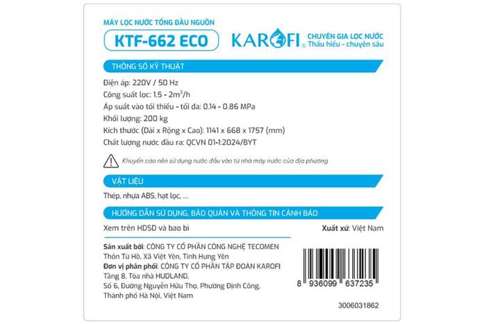 Máy lọc tổng đầu nguồn Karofi KTF-662 ECO Màu Đen