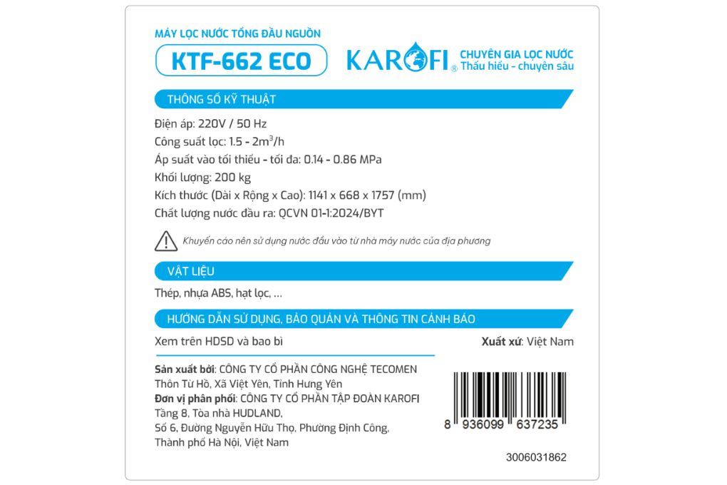 Máy lọc tổng đầu nguồn Karofi KTF-662 ECO Màu Đen