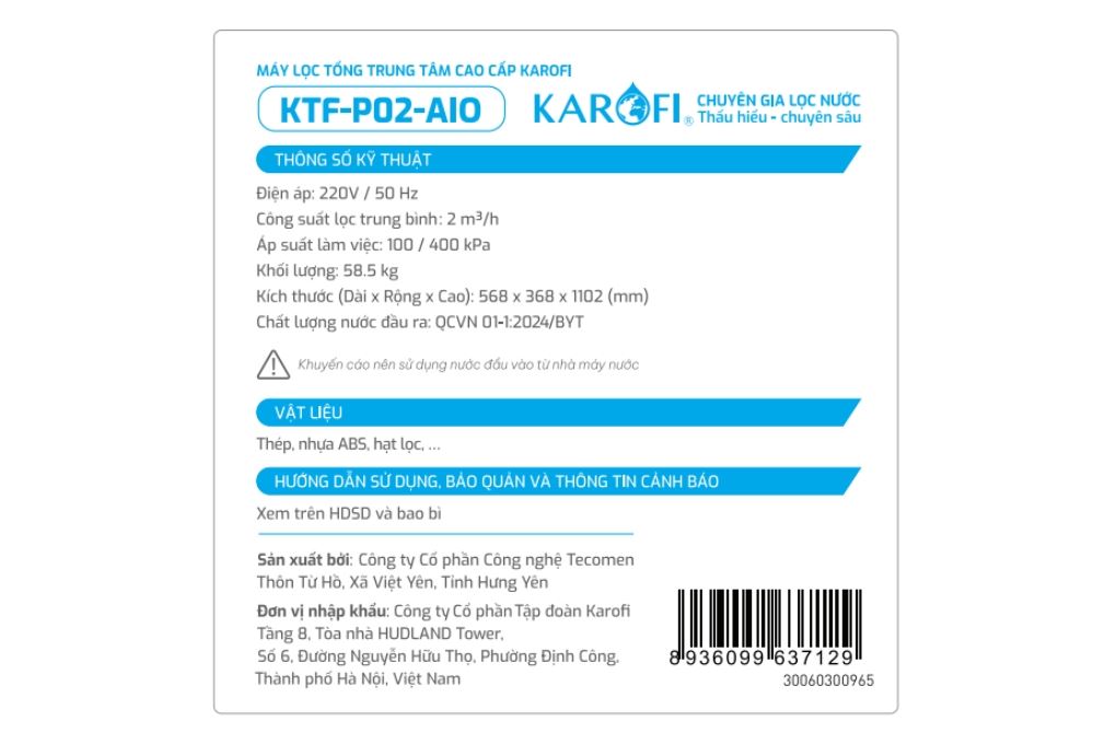 Máy lọc tổng đầu nguồn Karofi KTF-P02-AIO Màu Trắng