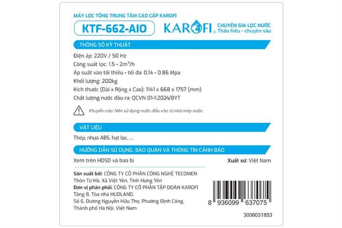 Máy lọc tổng đầu nguồn Karofi KTF-662-AIO Màu Đen