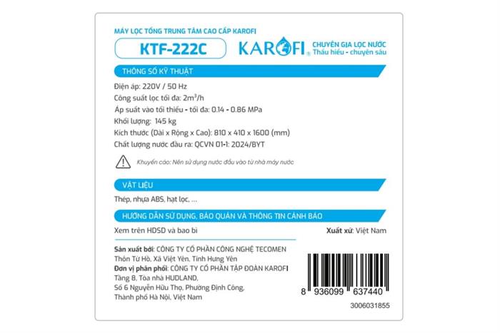 Máy lọc tổng đầu nguồn Karofi KTF-222C Màu Xanh Dương