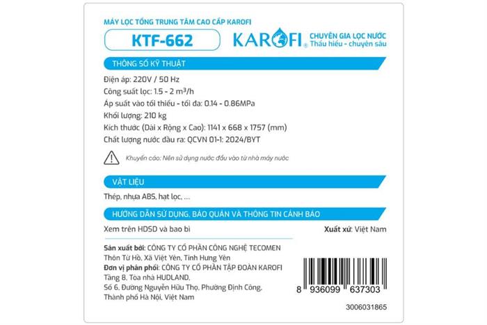 Máy lọc tổng đầu nguồn Karofi KTF-662 Màu Đen