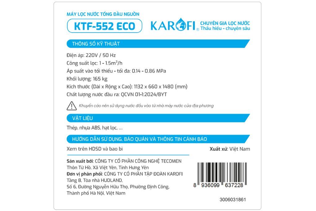 Máy lọc tổng đầu nguồn Karofi KTF-552 ECO Màu Đen