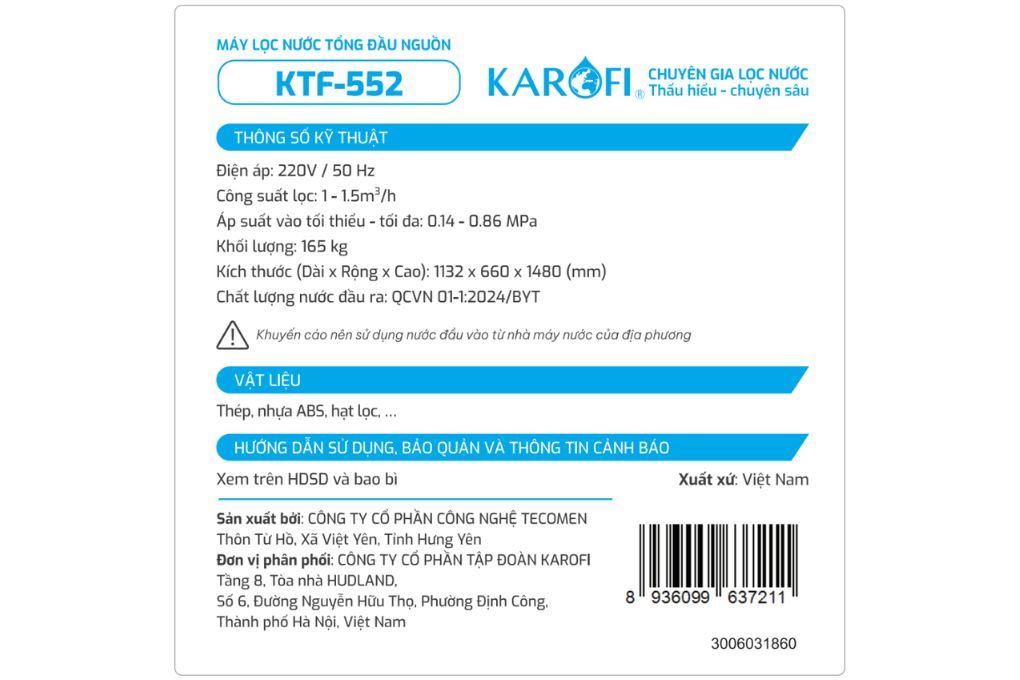 Máy lọc tổng đầu nguồn Karofi KTF-552 Màu Đen