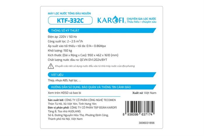 Máy lọc tổng đầu nguồn Karofi KTF-332CT Màu Xanh Dương