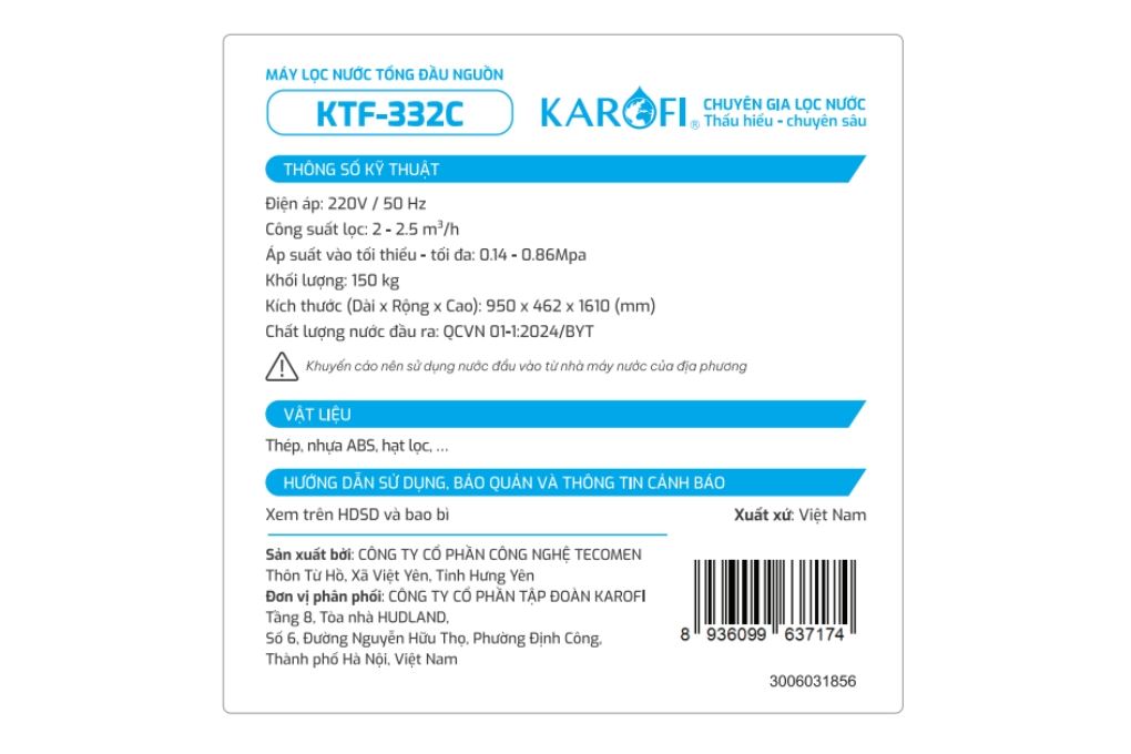 Máy lọc tổng đầu nguồn Karofi KTF-332CT Màu Xanh Dương