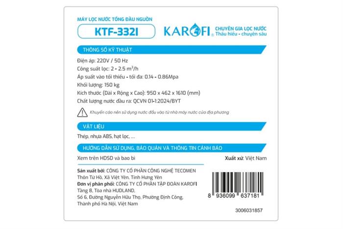 Máy lọc tổng đầu nguồn Karofi KTF-332I Màu Bạc Inox