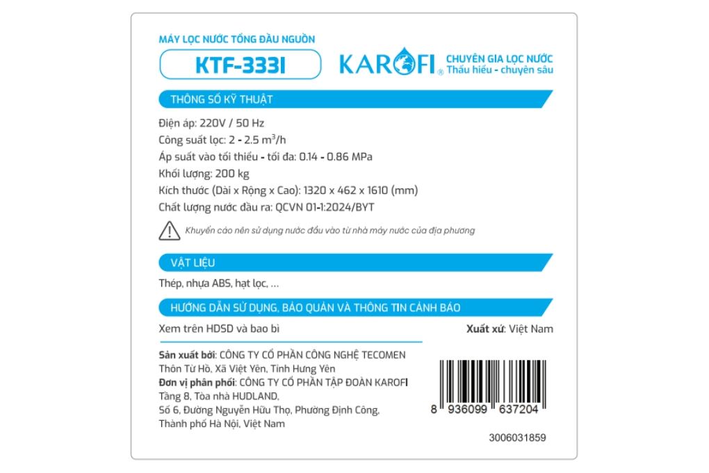 Máy lọc tổng đầu nguồn Karofi KTF-333I Màu Bạc Inox