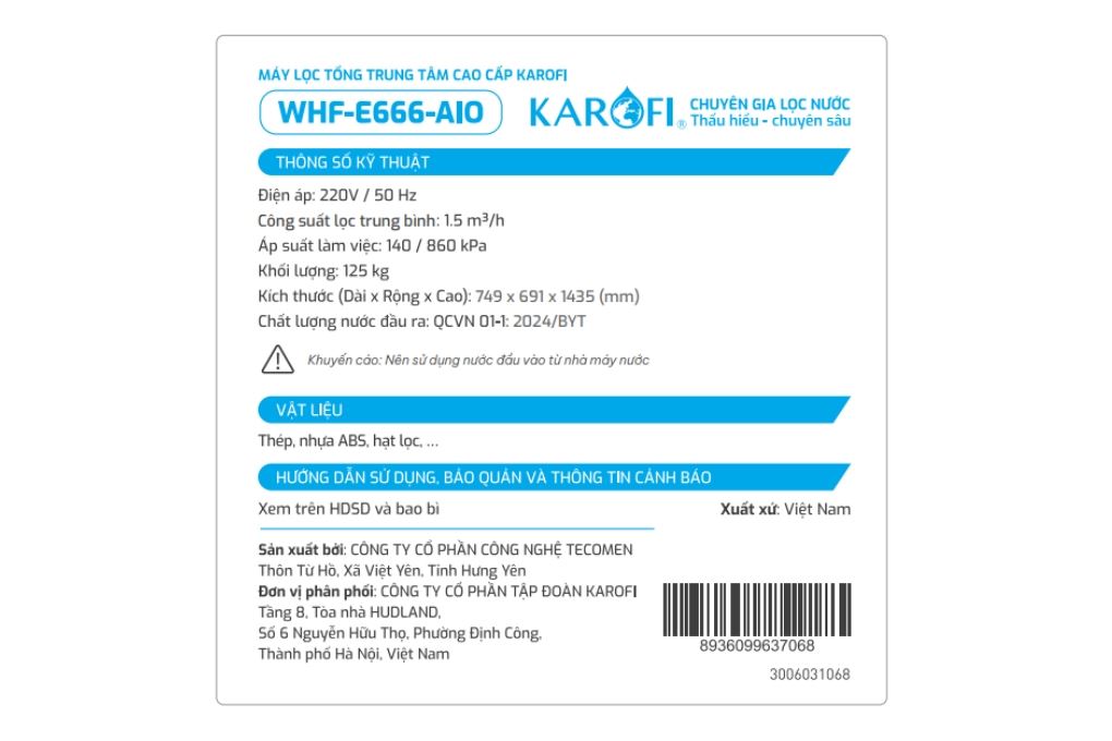 Máy lọc tổng đầu nguồn Karofi WHF-E666-AIO Màu Trắng