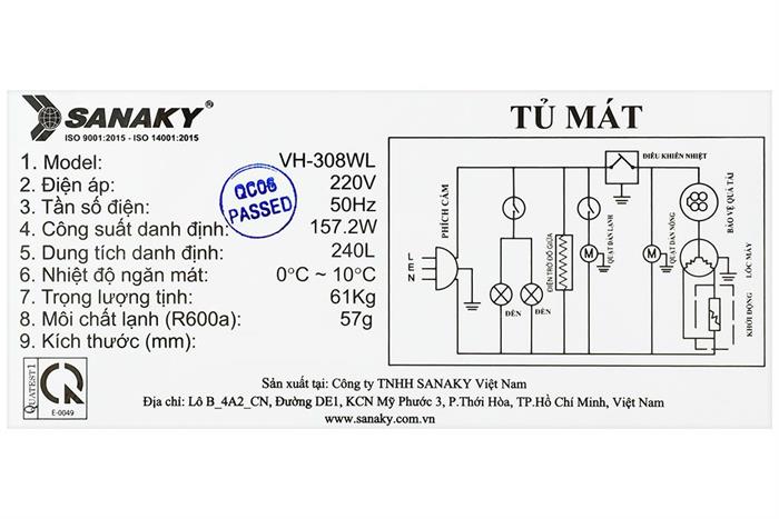 Tủ mát 2 cánh Sanaky 240 lít VH-308WL Màu Trắng