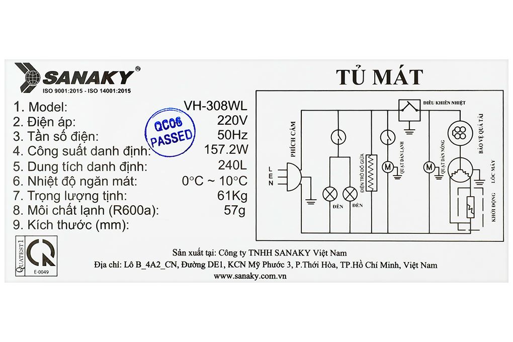 Tủ mát 2 cánh Sanaky 240 lít VH-308WL Màu Trắng