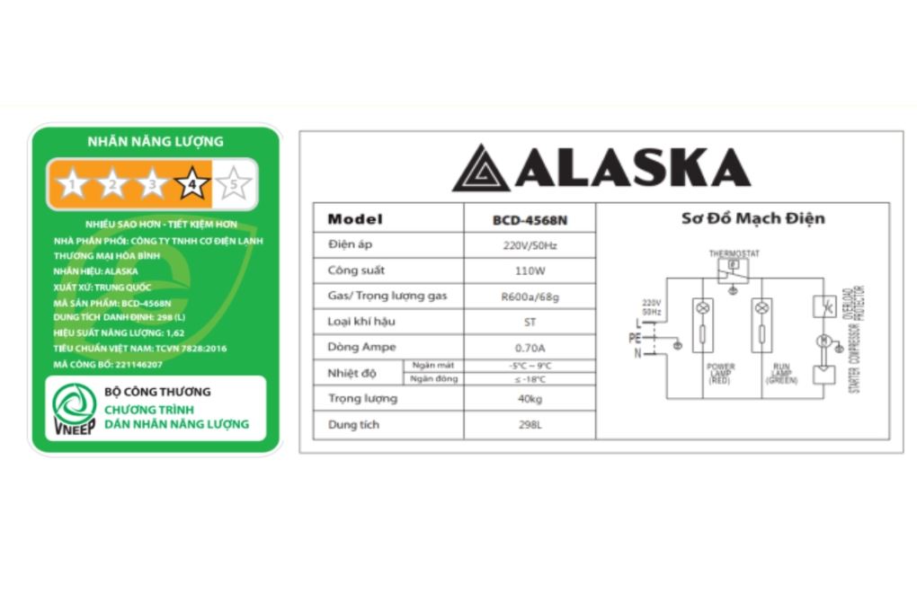 Tủ đông Alaska 298 lít BCD-4568N Màu Trắng
