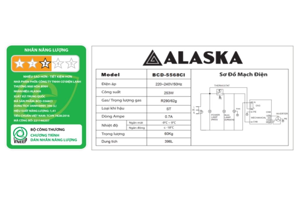 Tủ đông Alaska Inverter 396 lít BCD-5568CI Màu Trắng