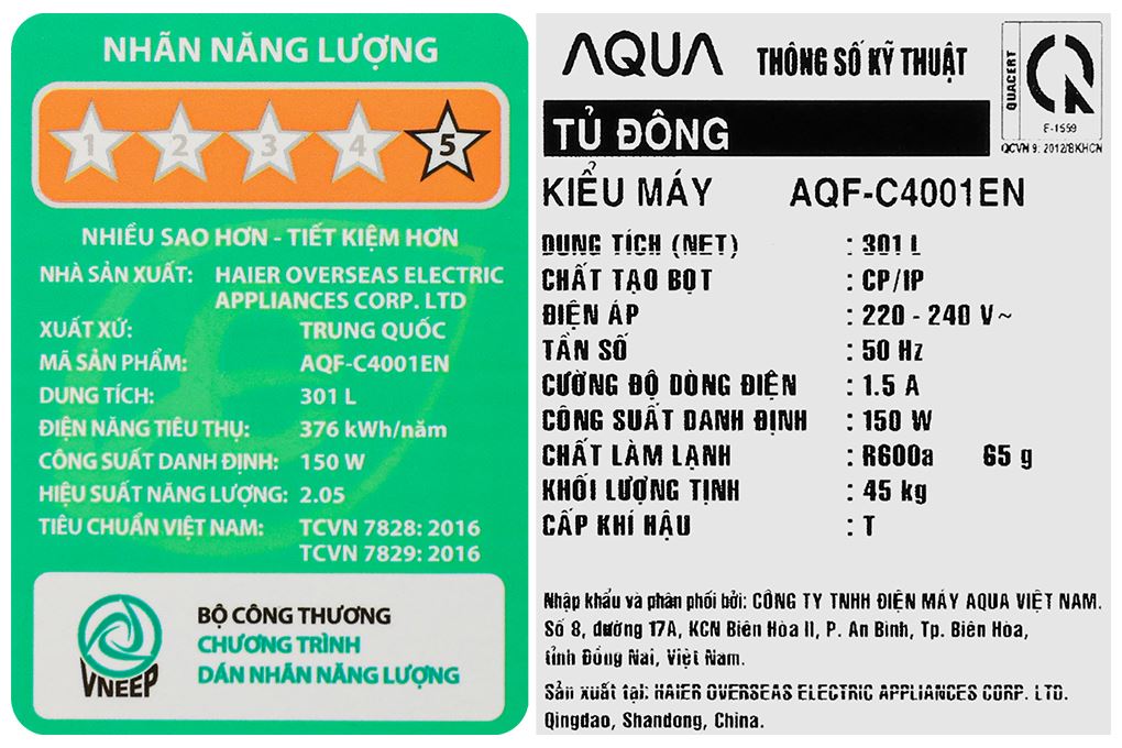 Tủ đông Aqua Inverter 301 lít AQF-C4001EN Màu Trắng