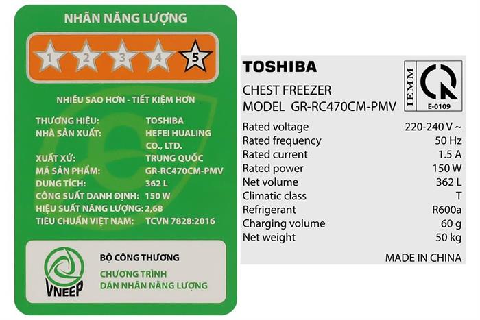 Tủ đông Toshiba Inverter 362 lít GR-RC470CM-PMV(01) Màu Trắng