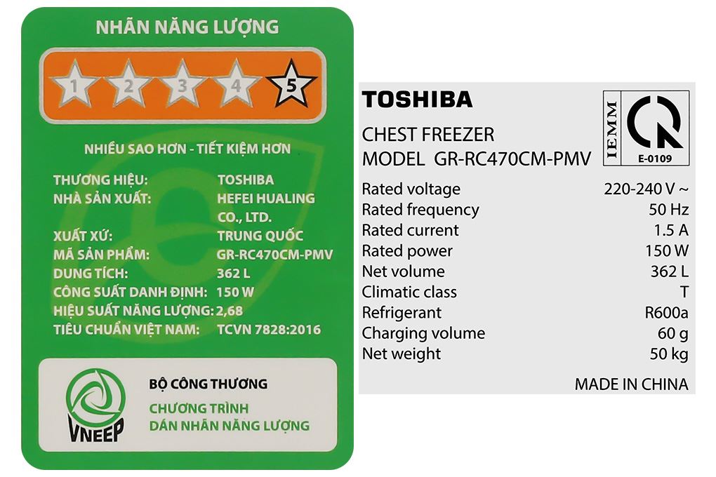 Tủ đông Toshiba Inverter 362 lít GR-RC470CM-PMV(01) Màu Trắng