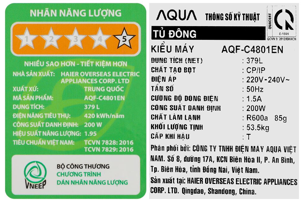 Tủ đông Aqua Inverter 379 lít AQF-C4801EN Màu Trắng