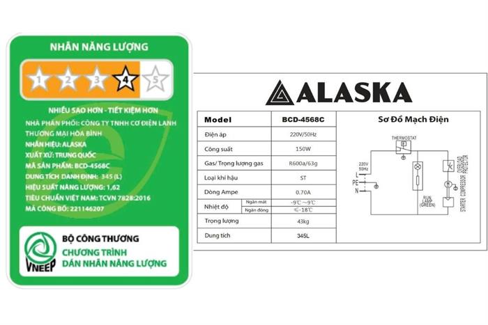 Tủ đông Alaska 345 lít BCD-4568C Màu Trắng