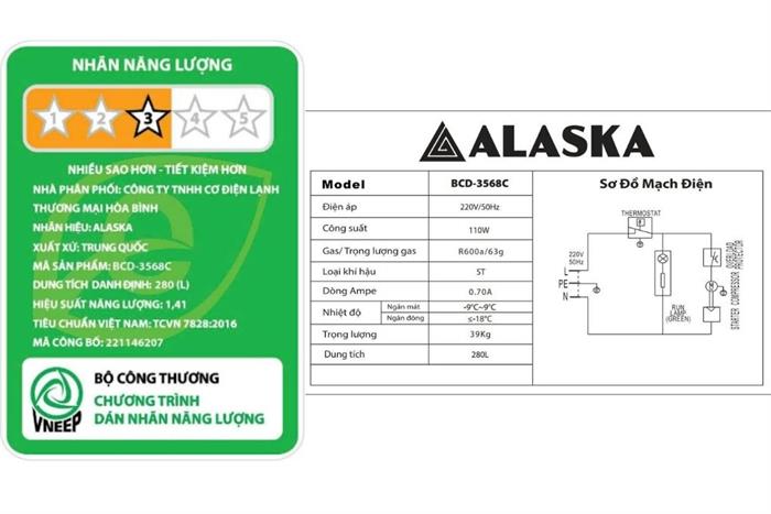 Tủ đông Alaska 280 lít BCD-3568C Màu Trắng