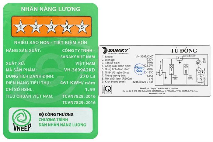 Tủ đông Sanaky 260 lít VH-3699W2KD Màu Trắng
