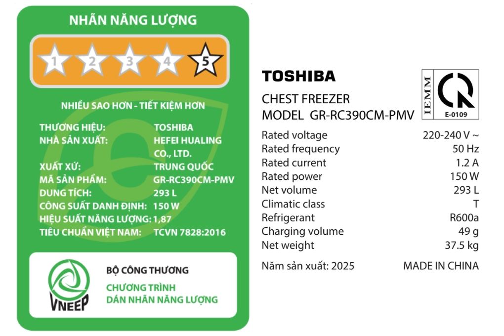 Tủ đông Toshiba Inverter 293 lít GR-RC390CM-PMV(01) Màu Trắng