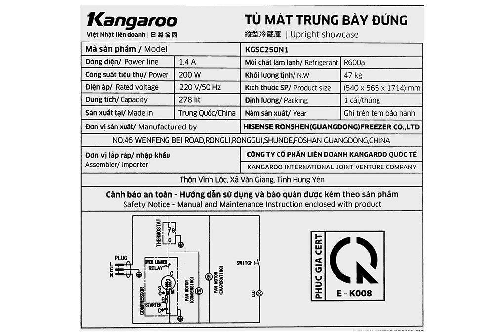 Tủ mát Kangaroo 250 lít KGSC250N1 Màu Đen