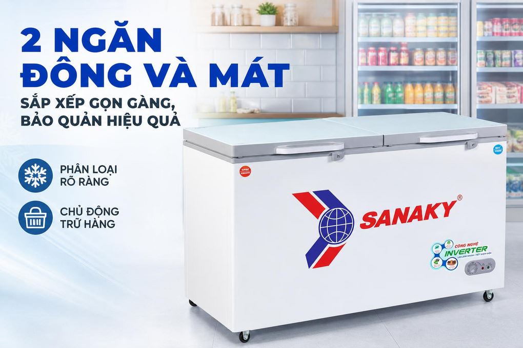 Tủ đông Sanaky Inverter 365 lít VH-5699W4K - Dung tích 365 lít chia 2 ngăn đông và mát, thiết kế tiện lợi cho nhiều nhóm người dùng Tủ đông Sanaky Inverter 365 lít VH-5699W4K - Dung tích 365 lít chia 2 ngăn đông và mát, thiết kế tiện lợi cho nhiều nhóm người dùng