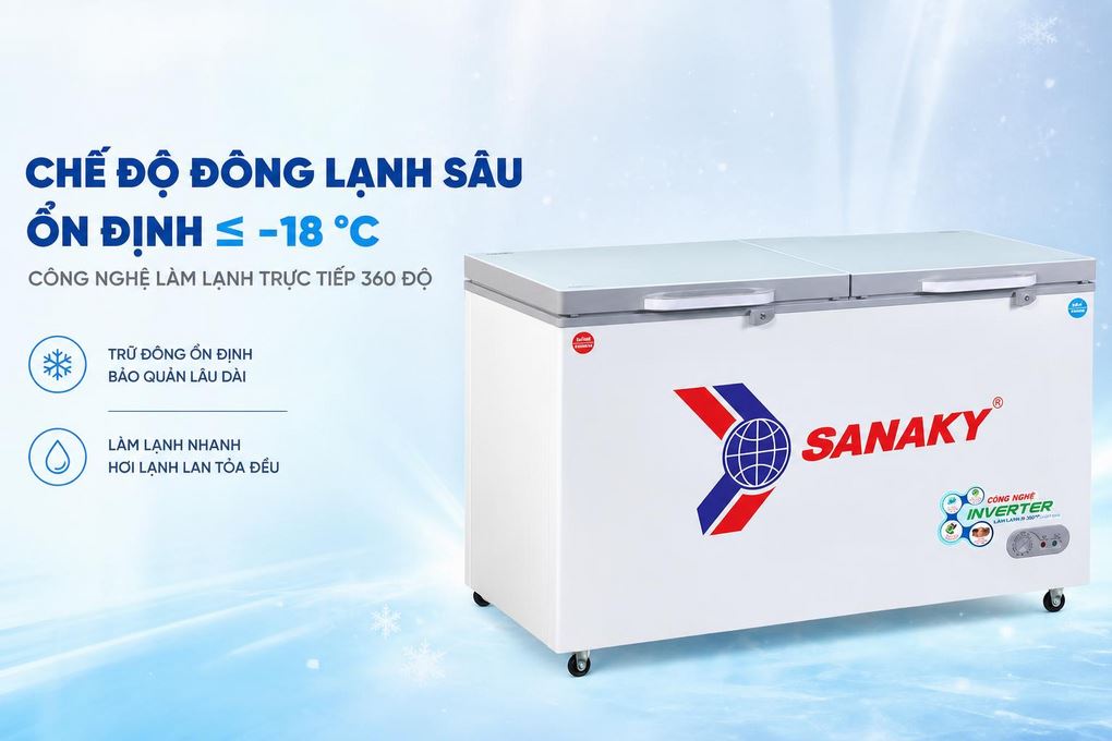 Tủ đông Sanaky Inverter 365 lít VH-5699W4K - Chế độ đông lạnh sâu ổn định ≤ -18 °C với công nghệ làm lạnh trực tiếp 360 độ Tủ đông Sanaky Inverter 365 lít VH-5699W4K - Chế độ đông lạnh sâu ổn định ≤ -18 °C với công nghệ làm lạnh trực tiếp 360 độ