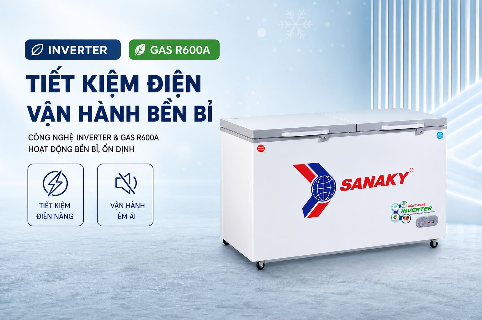 Tủ đông Sanaky Inverter 365 lít VH-5699W4K - Công nghệ Inverter và gas R600a tiết kiệm điện, vận hành bền bỉ cho dùng 24/7 Tủ đông Sanaky Inverter 365 lít VH-5699W4K - Công nghệ Inverter và gas R600a tiết kiệm điện, vận hành bền bỉ cho dùng 24/7