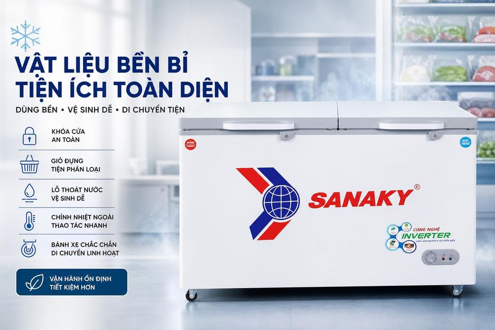 Tủ đông Sanaky Inverter 365 lít VH-5699W4K - Vật liệu bền bỉ và các tiện ích hỗ trợ sử dụng, bảo quản và di chuyển thuận tiện Tủ đông Sanaky Inverter 365 lít VH-5699W4K - Vật liệu bền bỉ và các tiện ích hỗ trợ sử dụng, bảo quản và di chuyển thuận tiện