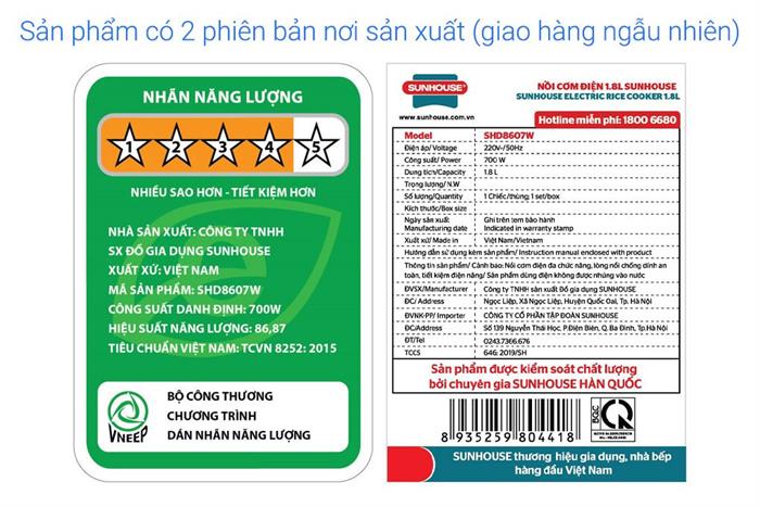 Nồi cơm nắp gài Sunhouse 1.8 lít SHD8607W Màu Trắng - Hồng