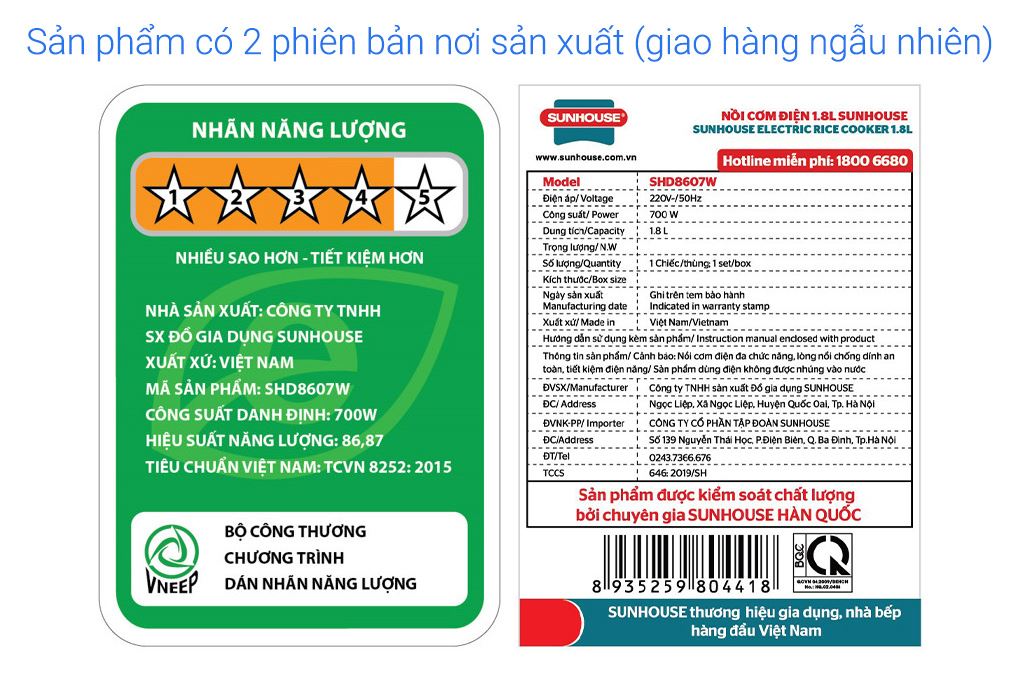 Nồi cơm nắp gài Sunhouse 1.8 lít SHD8607W Màu Trắng - Hồng