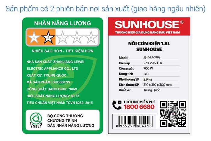 Nồi cơm nắp gài Sunhouse 1.8 lít SHD8607W Màu Trắng - Hồng